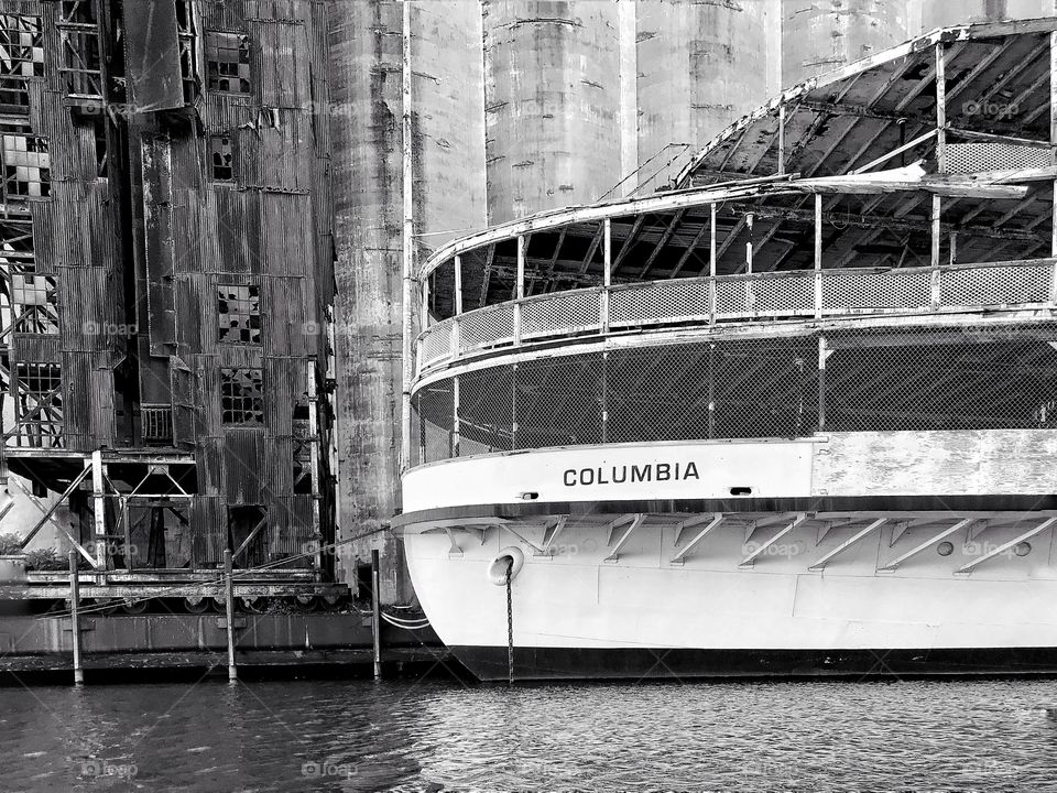 Yacht and grain silos