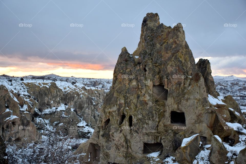 Cappadocia houses at sunset, Turkey