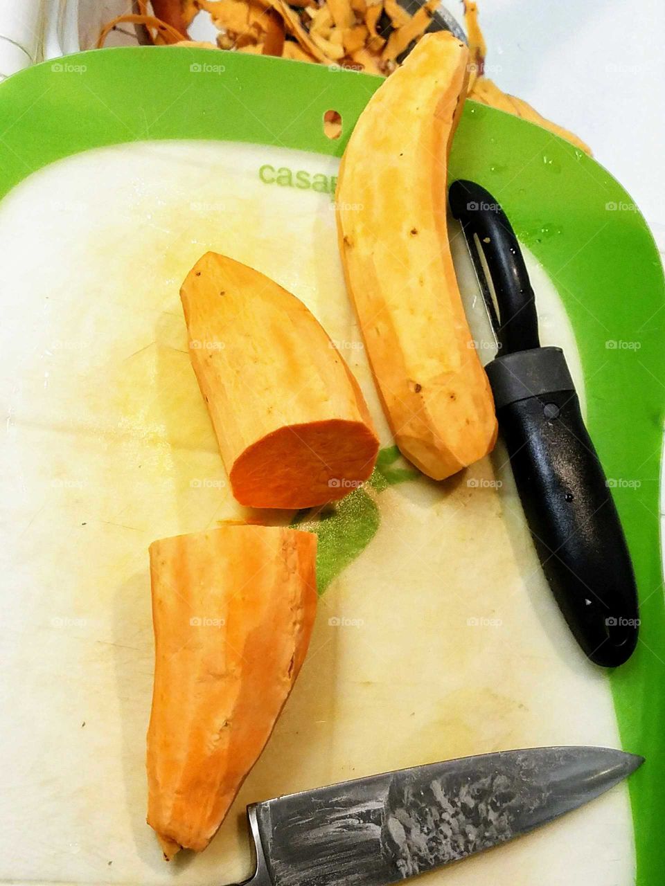 Peel vegetable on cutting board