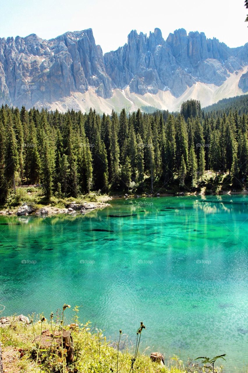 Scenic view of lake Carezza