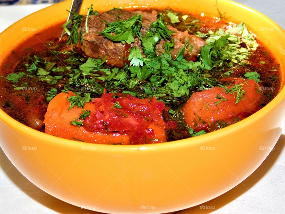 Homemade borsh with meat and vegetables