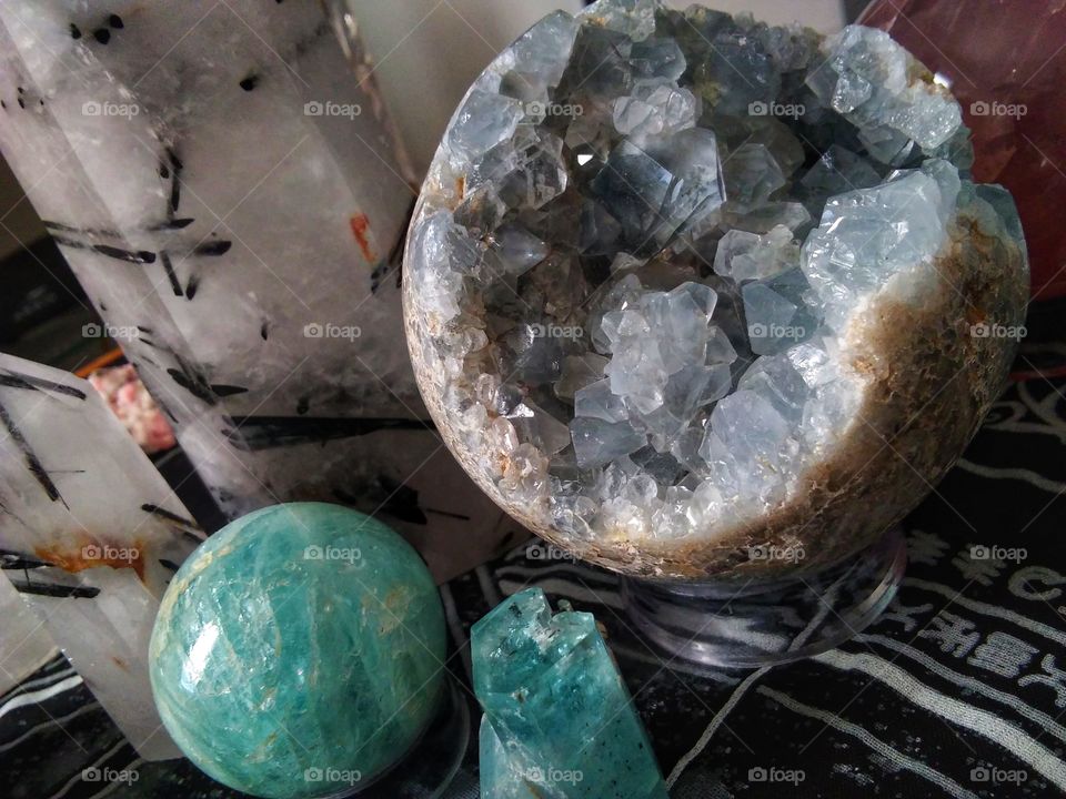 Celestite, Aquamarine, and Tourmalated quartz! The earth sure does create magical things! These crystals are from my personal collection.