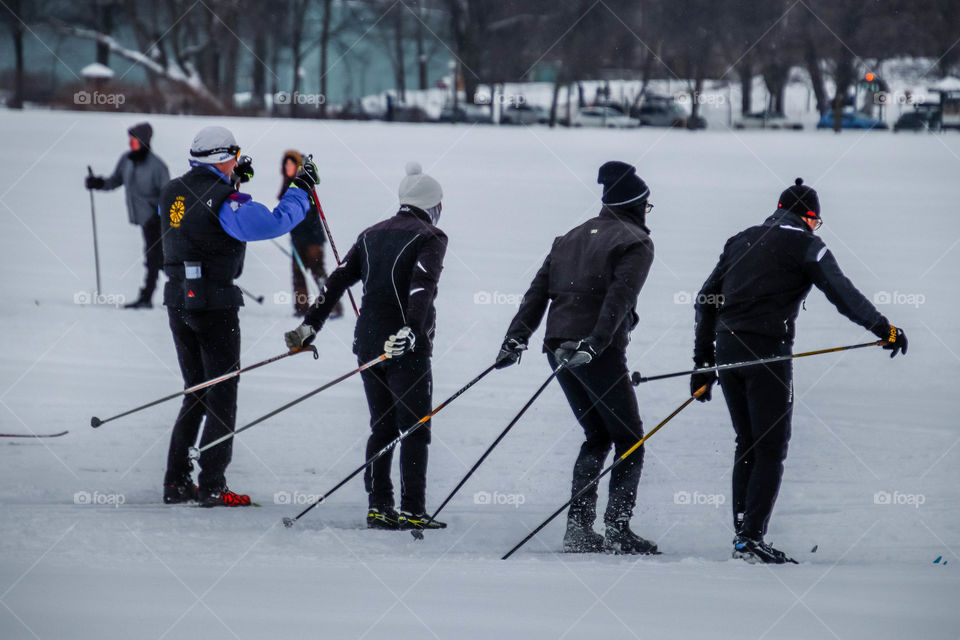 Group of people skiing in the park