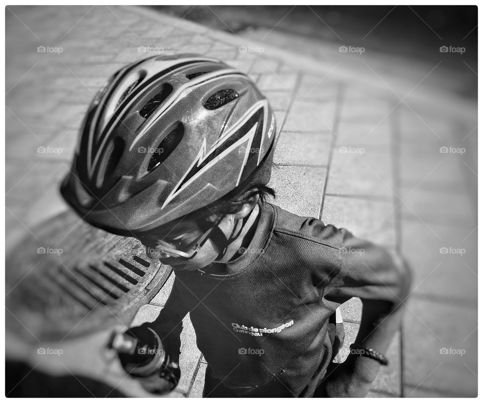 Little boy wearing sport helmet