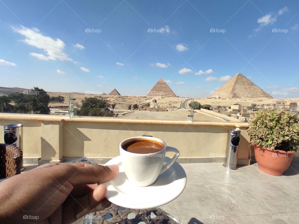 having morning coffee ☕ infront of great egyptian Pyramids , Giza , Egypt