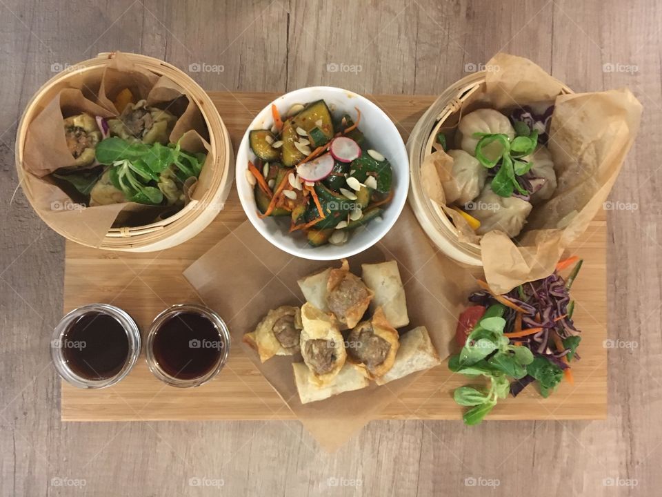 Asian dumplings and spring rolls 