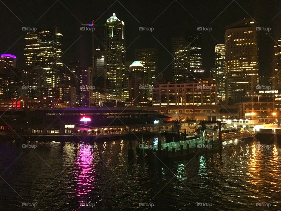 Seattle Waterfront Skyline at Night