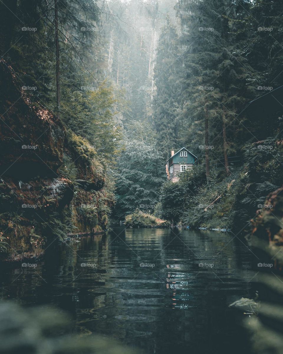 remote log cabin on calm forest river