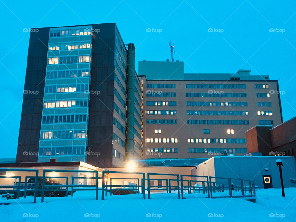Outside view of a hospital in an evening 