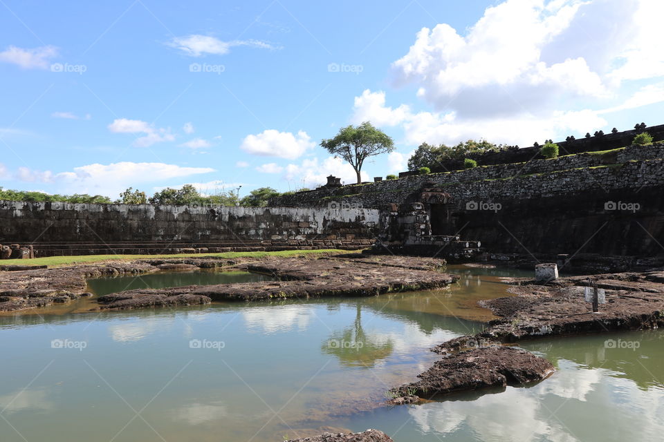 Remains of bath pool inside the ratu boko palace, a historical site near Jogjakarta, Indonesia