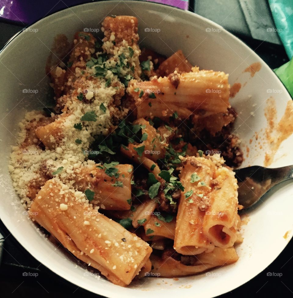 Pasta in red sauce with parm