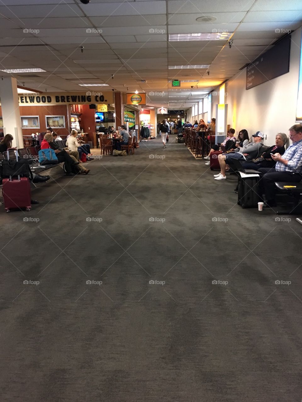 Portland airport waiting area lined with strangers against the gray carpet