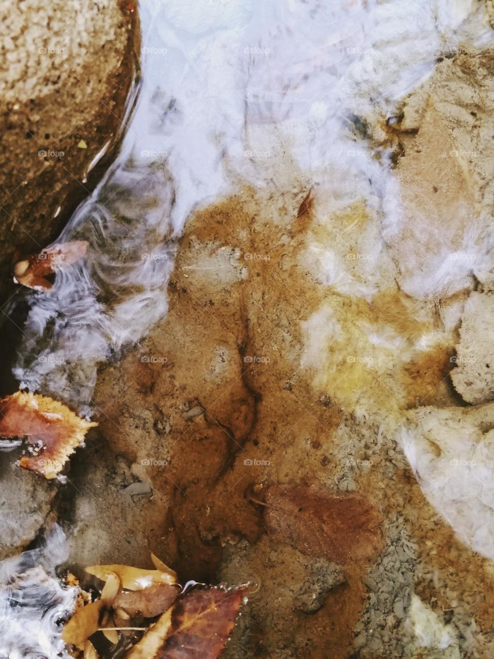 Texture of a river bottom, water reflection, autumn leaves in water, water texture