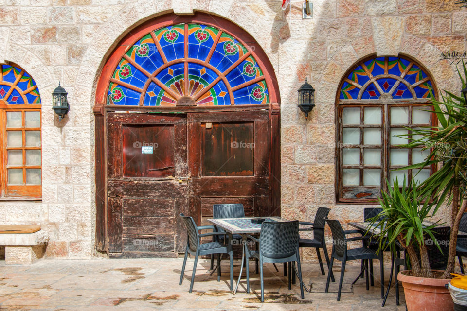 Empty chairs near restaurant