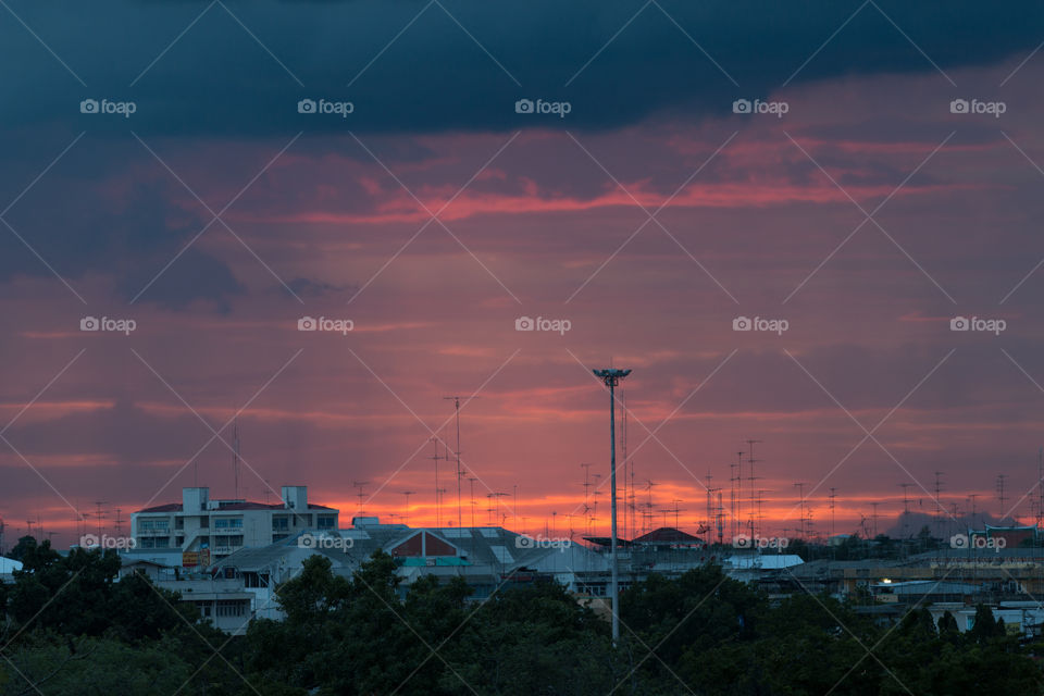 Sunset over the city in Thailand 