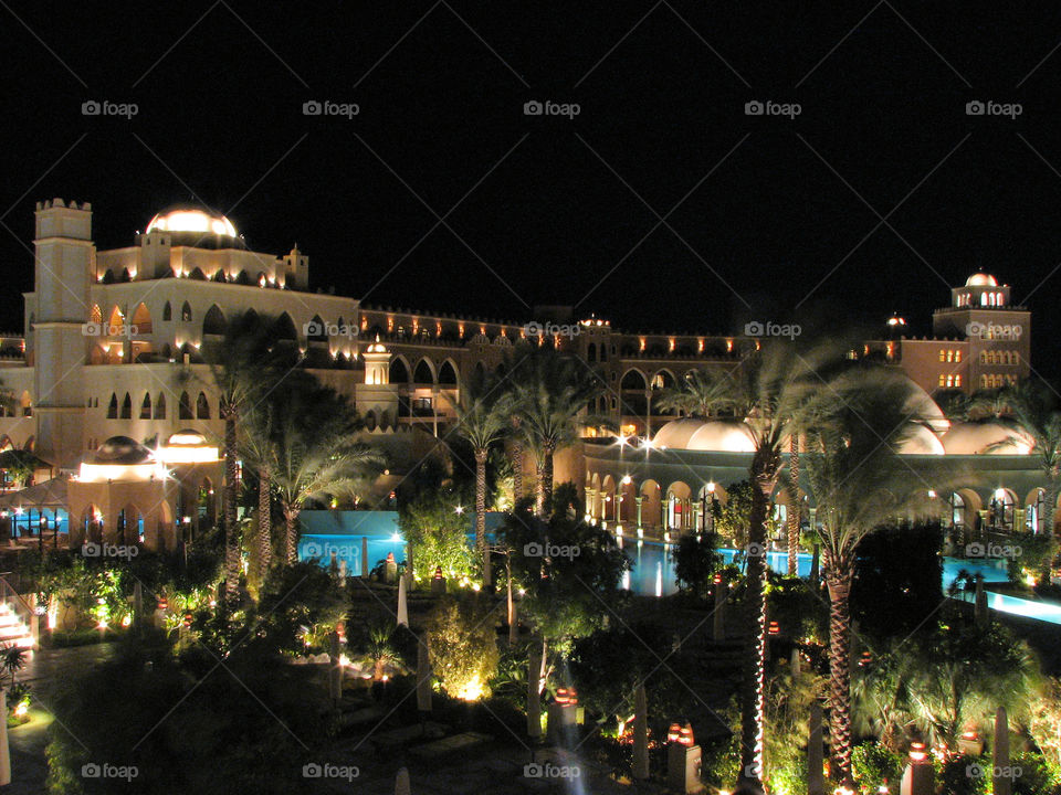 Hurghada resort by night in Egypt