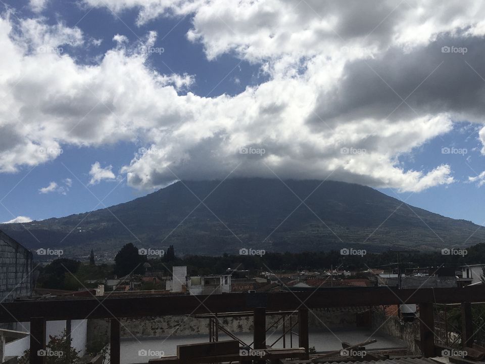 Volcano of fire with fabulous clouds, Antigua, Guatemala 