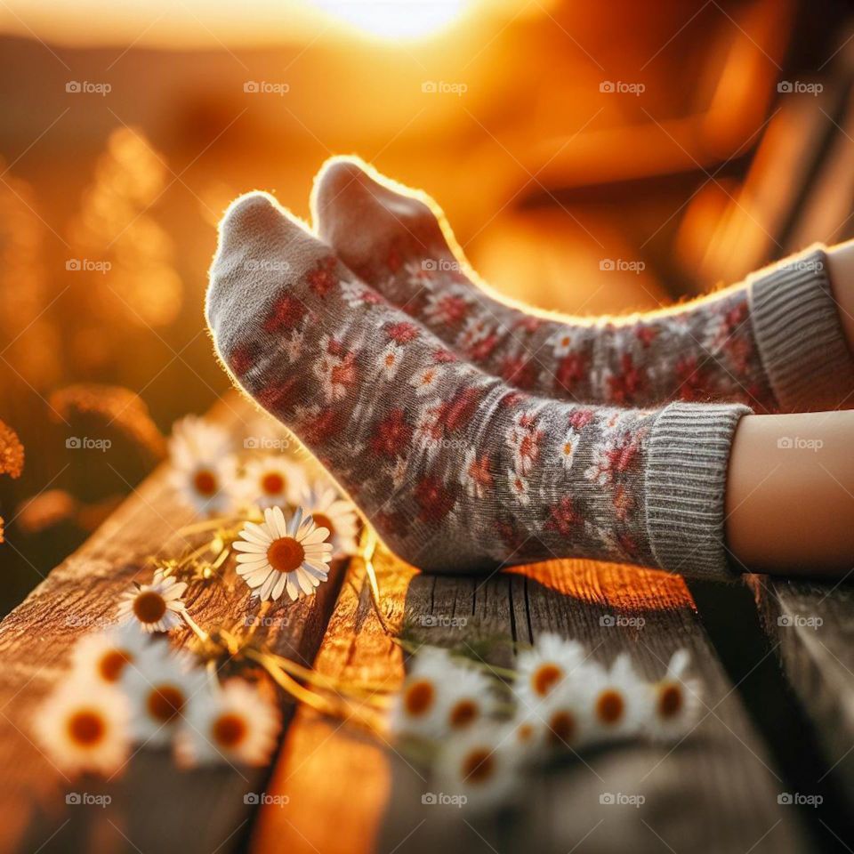 Evening Serenity
a pair of feet clad in warm-patterned socks rests on wooden planks, surrounded by the softness of daisy flowers. This moment captures the essence of tranquility and the simple yet captivating beauty of nature.
