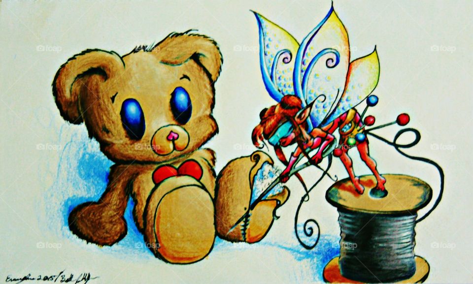 teddy fairy. Fairy sewing the teddy bear back together. 