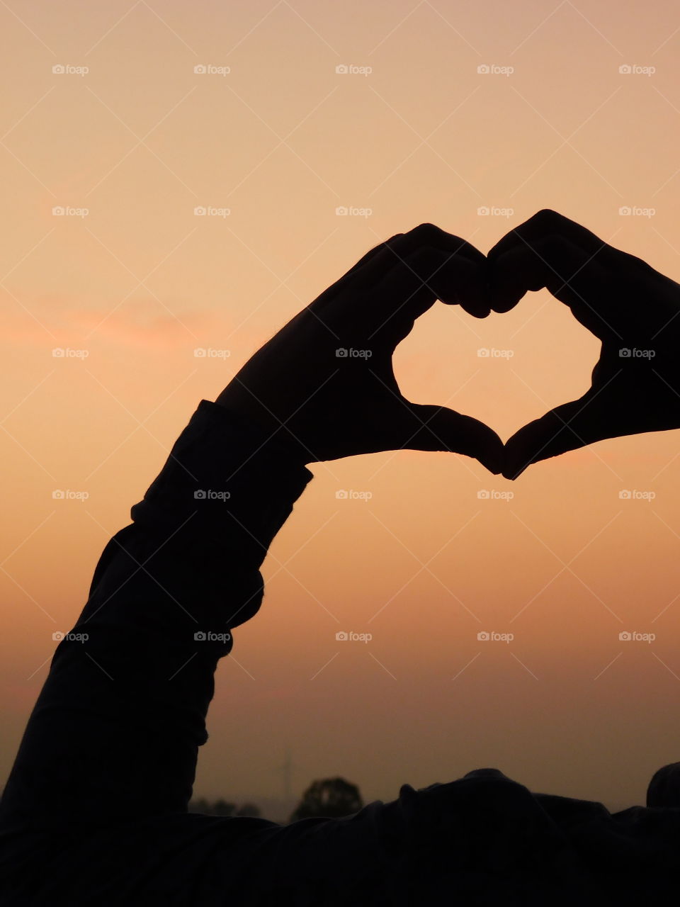 Heart shaped hand posture or love wallpaper with sunset light background.
