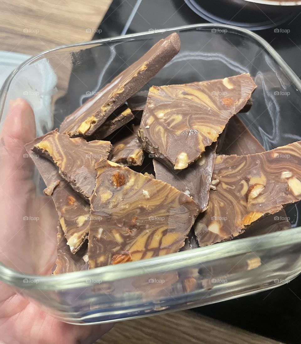 Keto friendly chocolate & peanut butter bark with almond slices yummm