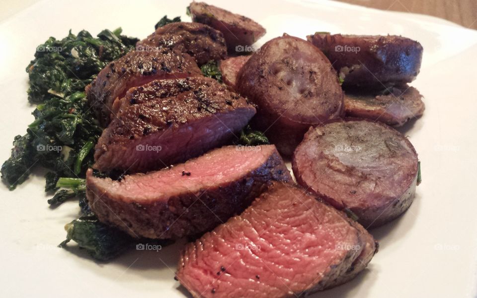 Food. Steak With Creamed Spinach & Purple Potatoes