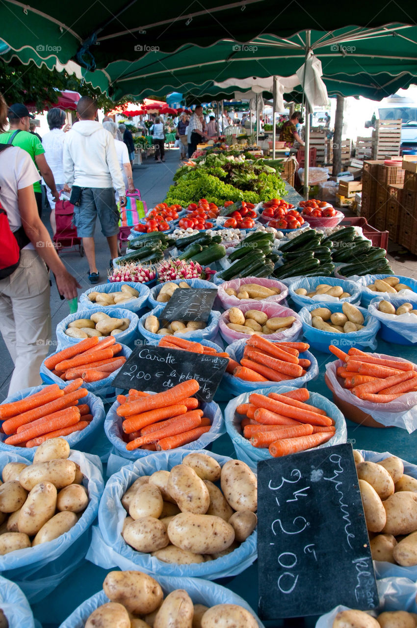 Vegetables on display at the farmers market in France