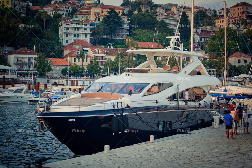 Yachts in Boko Kotor bay at Sunset. Herceg Novi, Montenegro