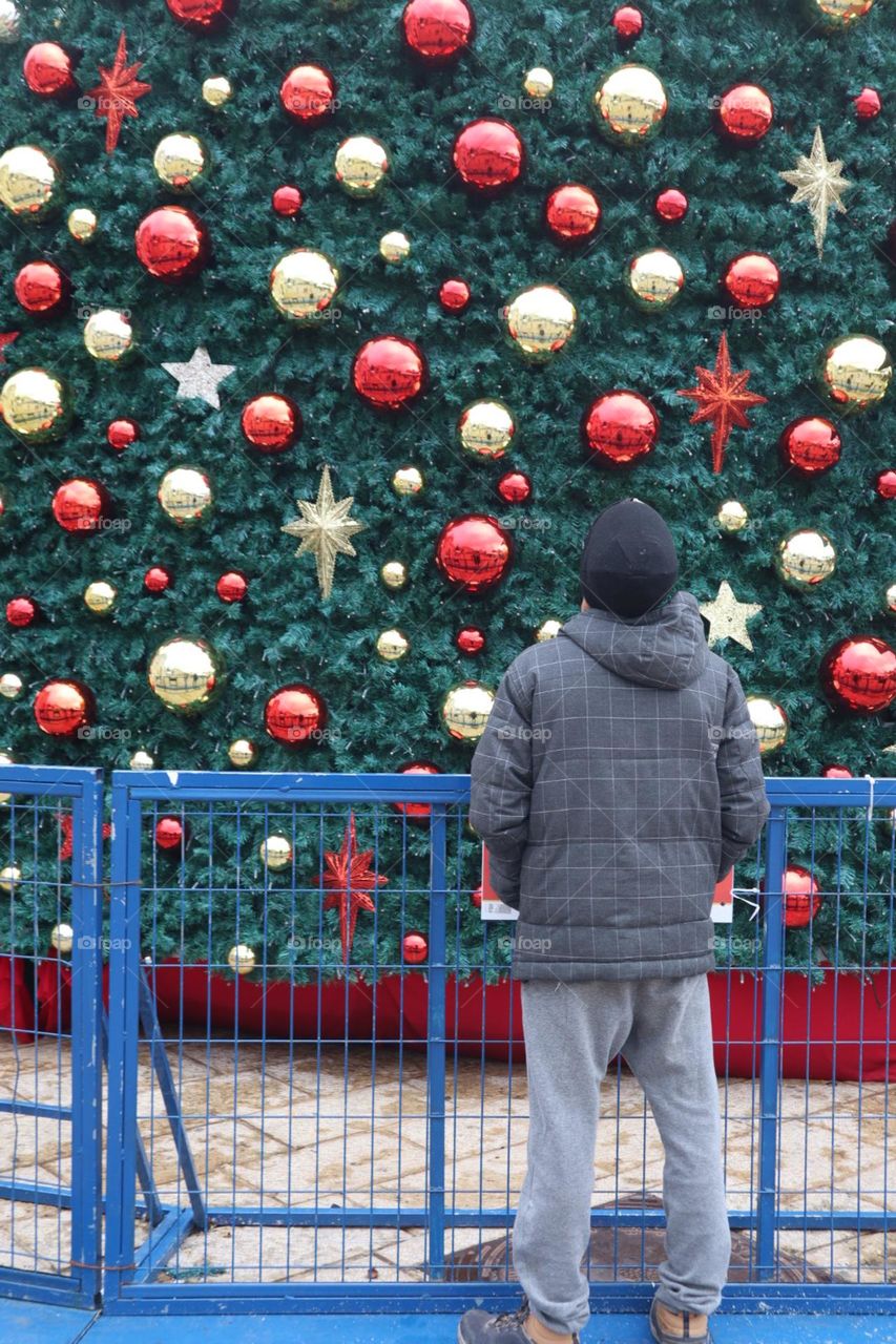 A kid looking at the big Christmas tree in Nazareth 