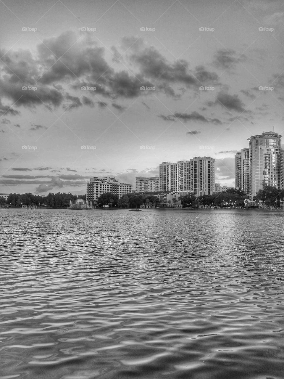 A black and white lakescape/cityscape/landscape of Lake Eola in downtown Orlando at night.