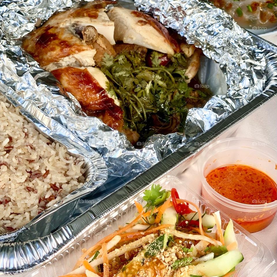 Honey ginseng roasted chicken with fragrant rice and acar