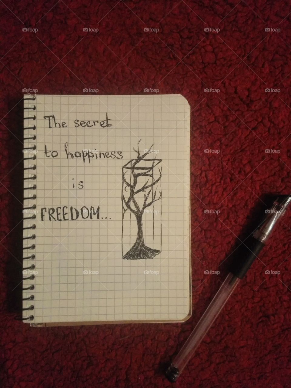 Notebook with quote about freedom and pen on red background