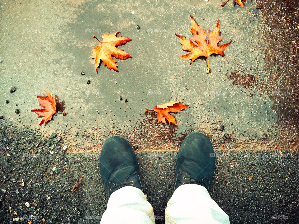 Mans Feet In Front Of Fall/Autumn Dry Leaves
