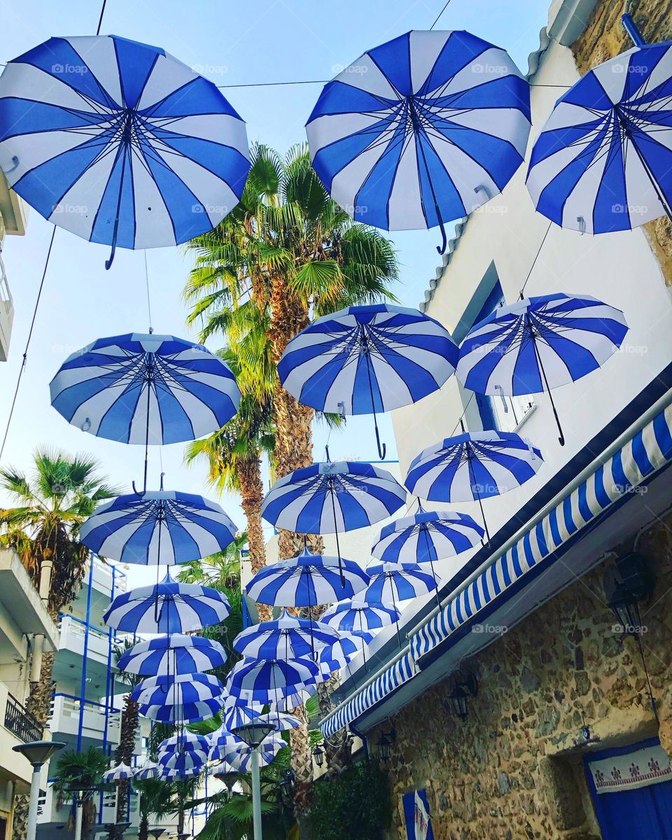 Street art, umbrellas, color, colour, explosion, blue,white,stripes 