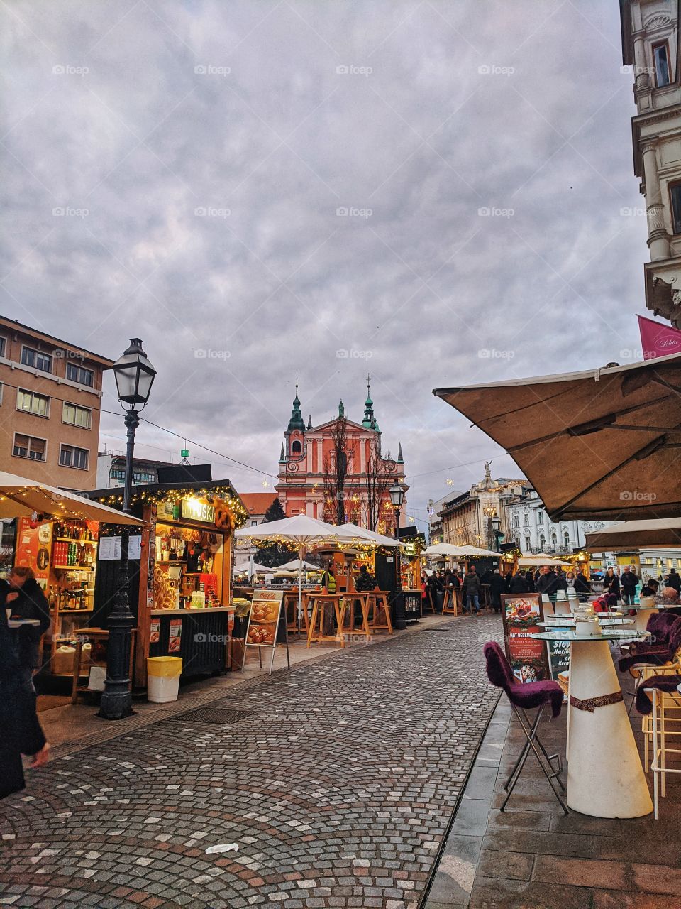 Old town of Ljubljana center in cold december day.