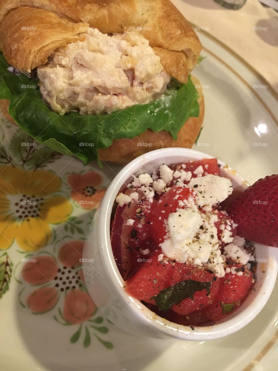 Chicken Salad Sandwich with Watermelon and Tomato Salad 