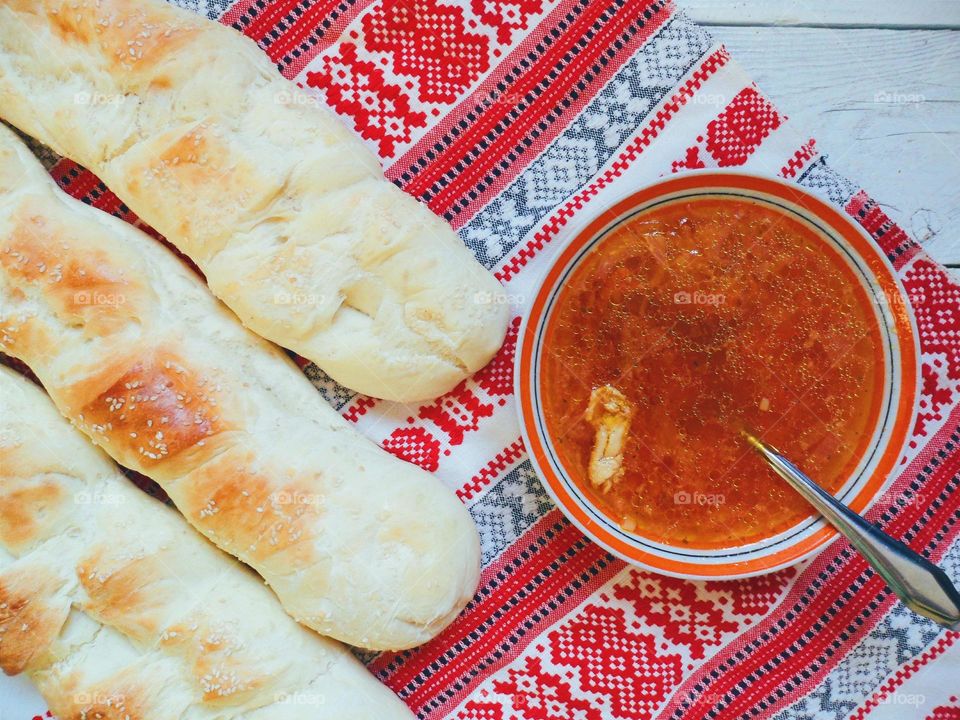 Ukrainian soup and homemade bread