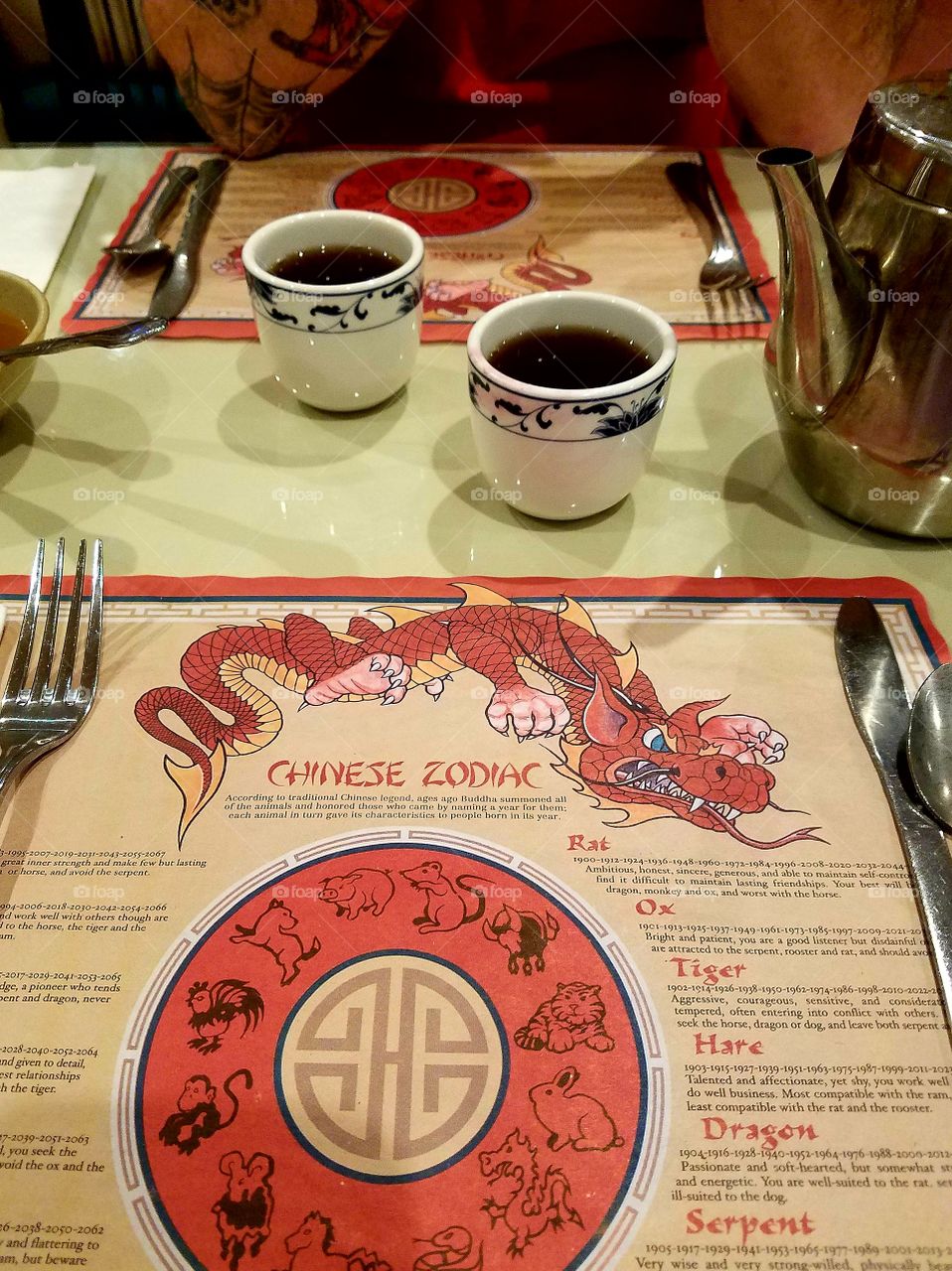 Drinking Chinese Tea while we wait to order dinner.