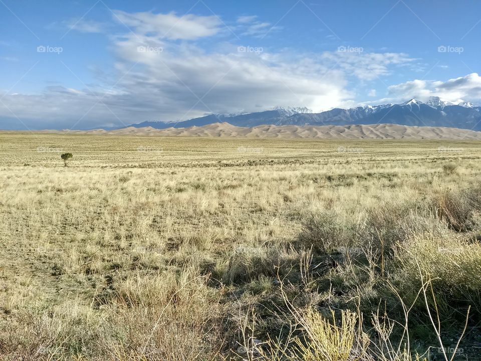 High desert field, plains, sand dunes and mountains in southern Colorado USA