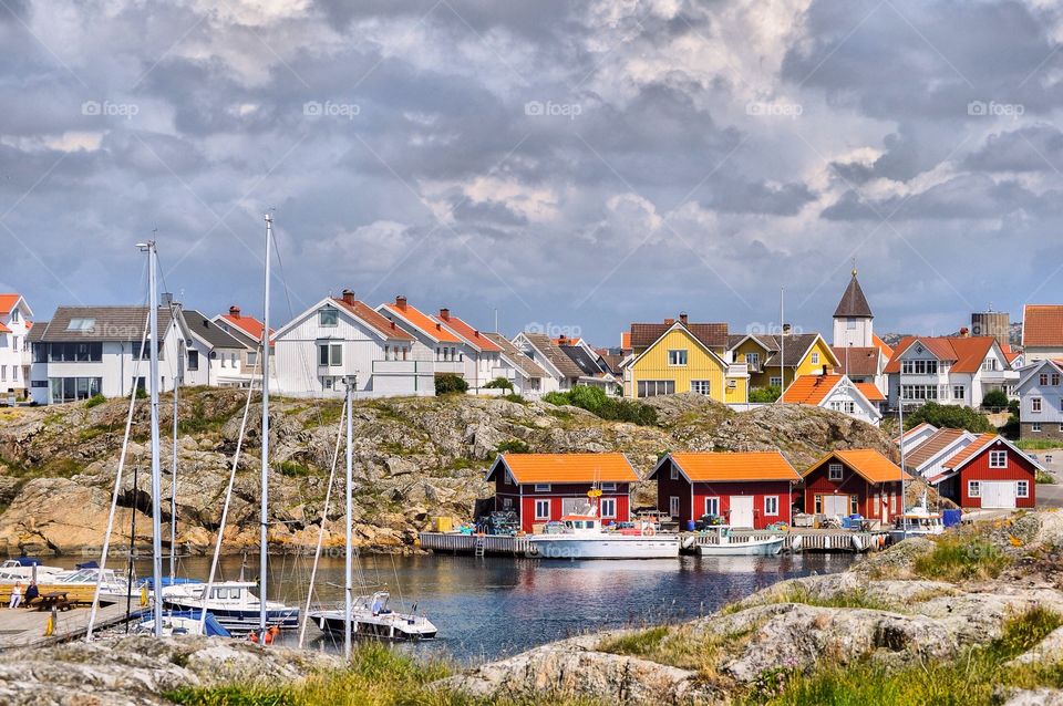 Houses on rocky coast in Kladesholmen, Sweden