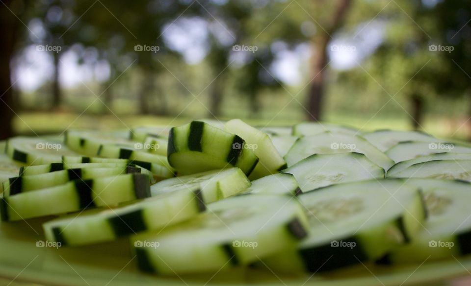Fruits! - Cucumbers in a spiral pattern on a green plate against a blurred background of trees
