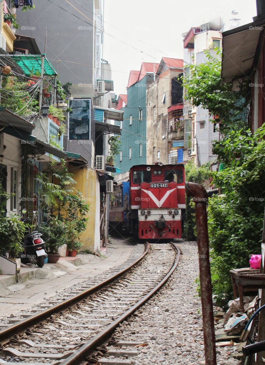 Vietnamese train in Hanoi going through the city with plants growing next to the houses.