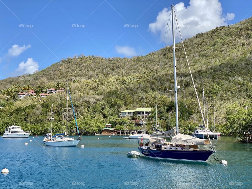 Boats in a harbor in front of a mountain 