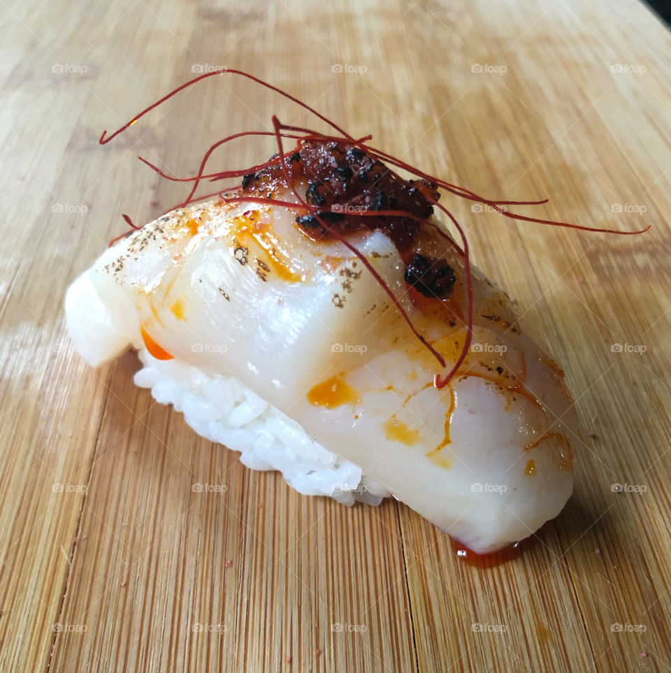 Scallop Nigiri topped with Spicy Miso 