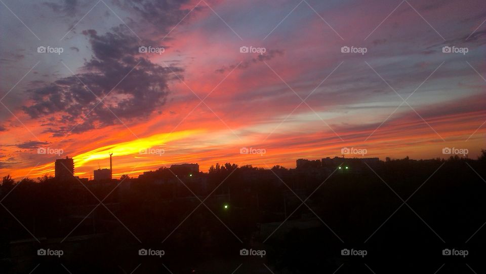 fiery sunset, sky, city, beautiful