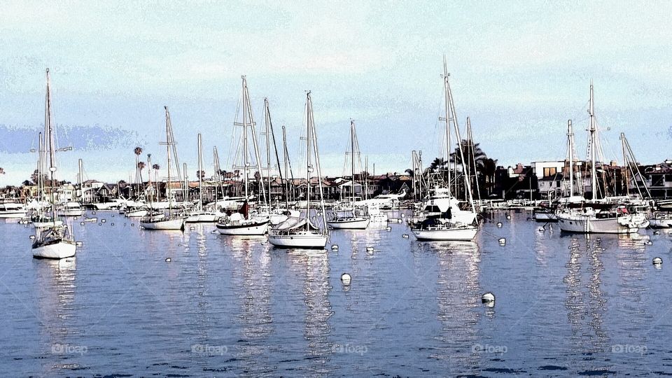 Cartoon Version of Sailboats taken from mobile phone . Cartoonerizing is fun. Newport harbor, California 