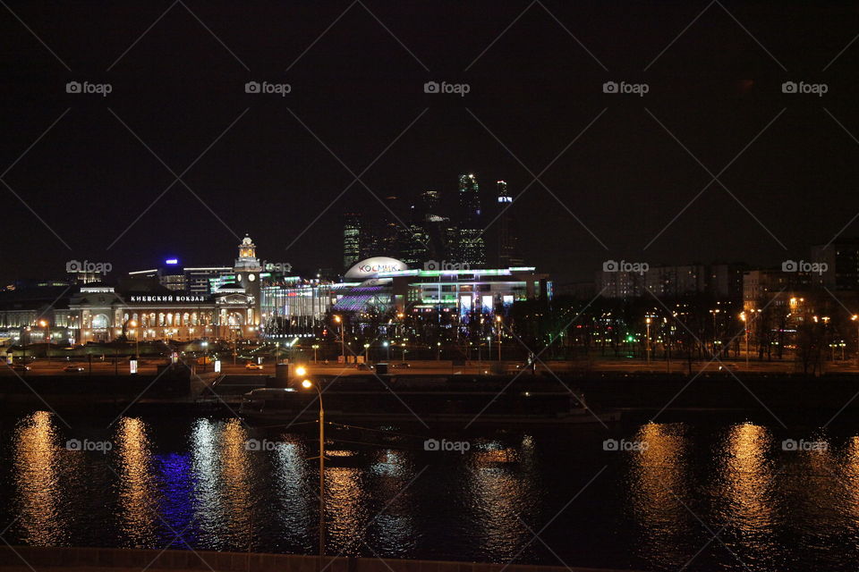 Berth, sunset, river,  Moscow, city, night city, Moscow does not sleep