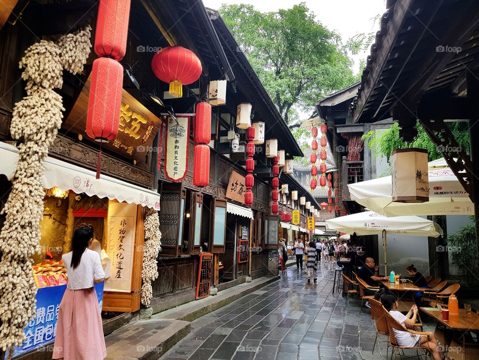 A narrow pedestrianised street in Chengdu, China.
