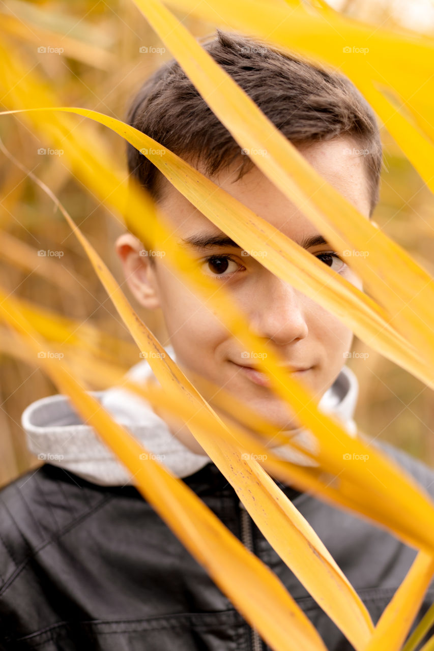 Portrait of teenage boy looking through the autumn yellow leaves.