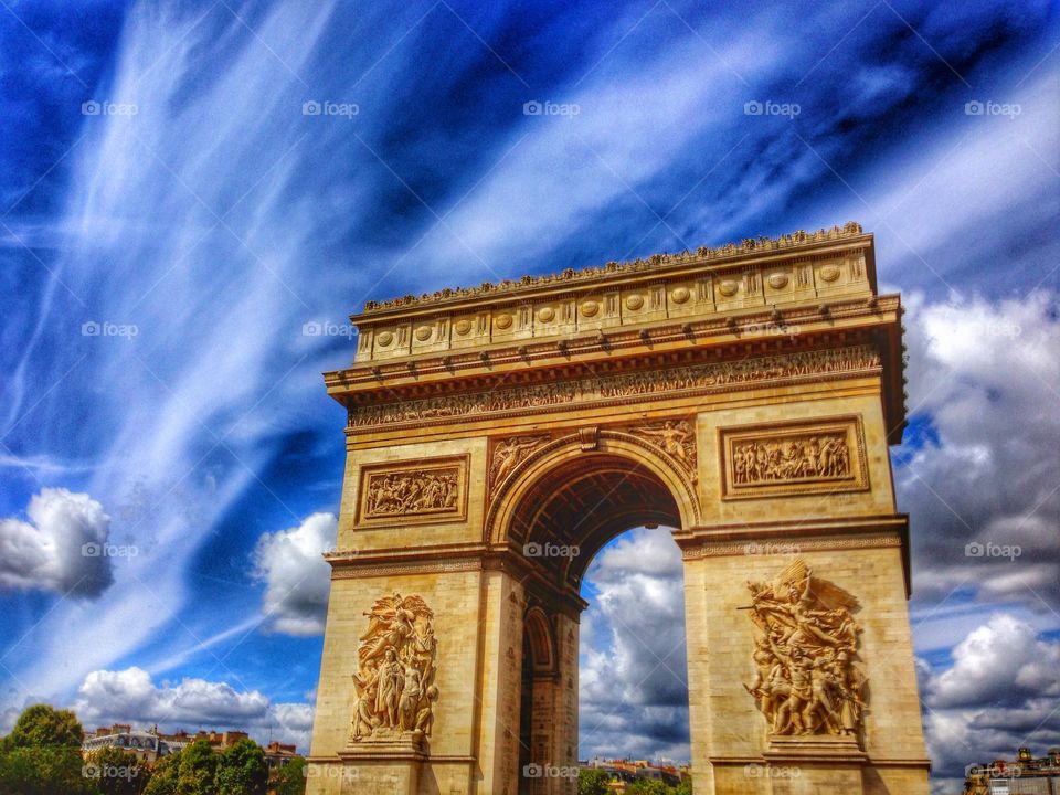 Arc de Triomphe . Looking up at Paris landmark 